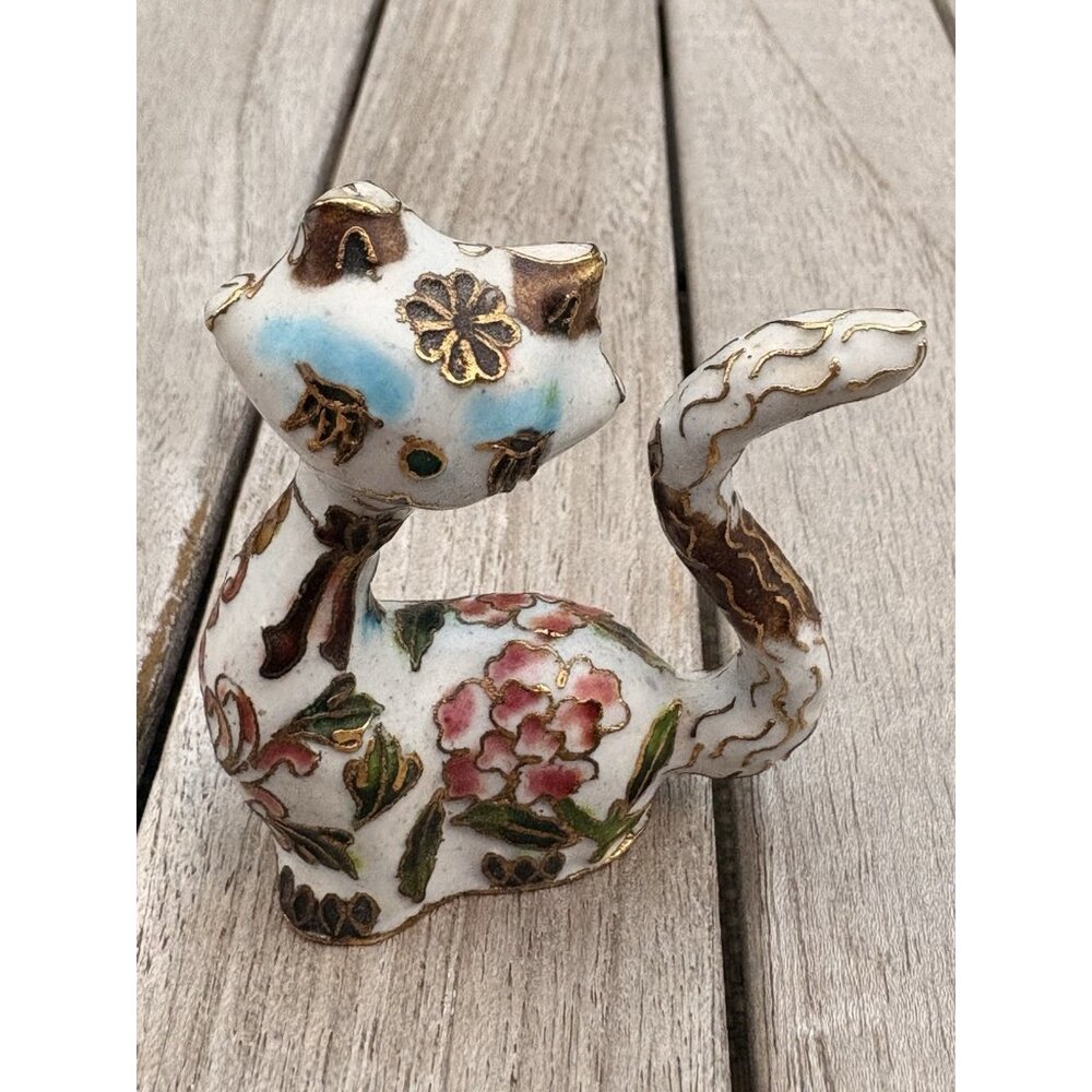 Cloisonne Brass Enamel Persian Cat Kitten Gold Trim Pink Blue Flowers 3” - Picture 5 of 6